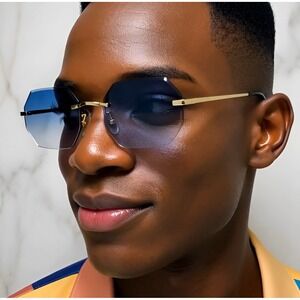 Rimless Sunglasses Men Octagon Fashion Shades Blue Lens Gold Frame Hip Hop Style